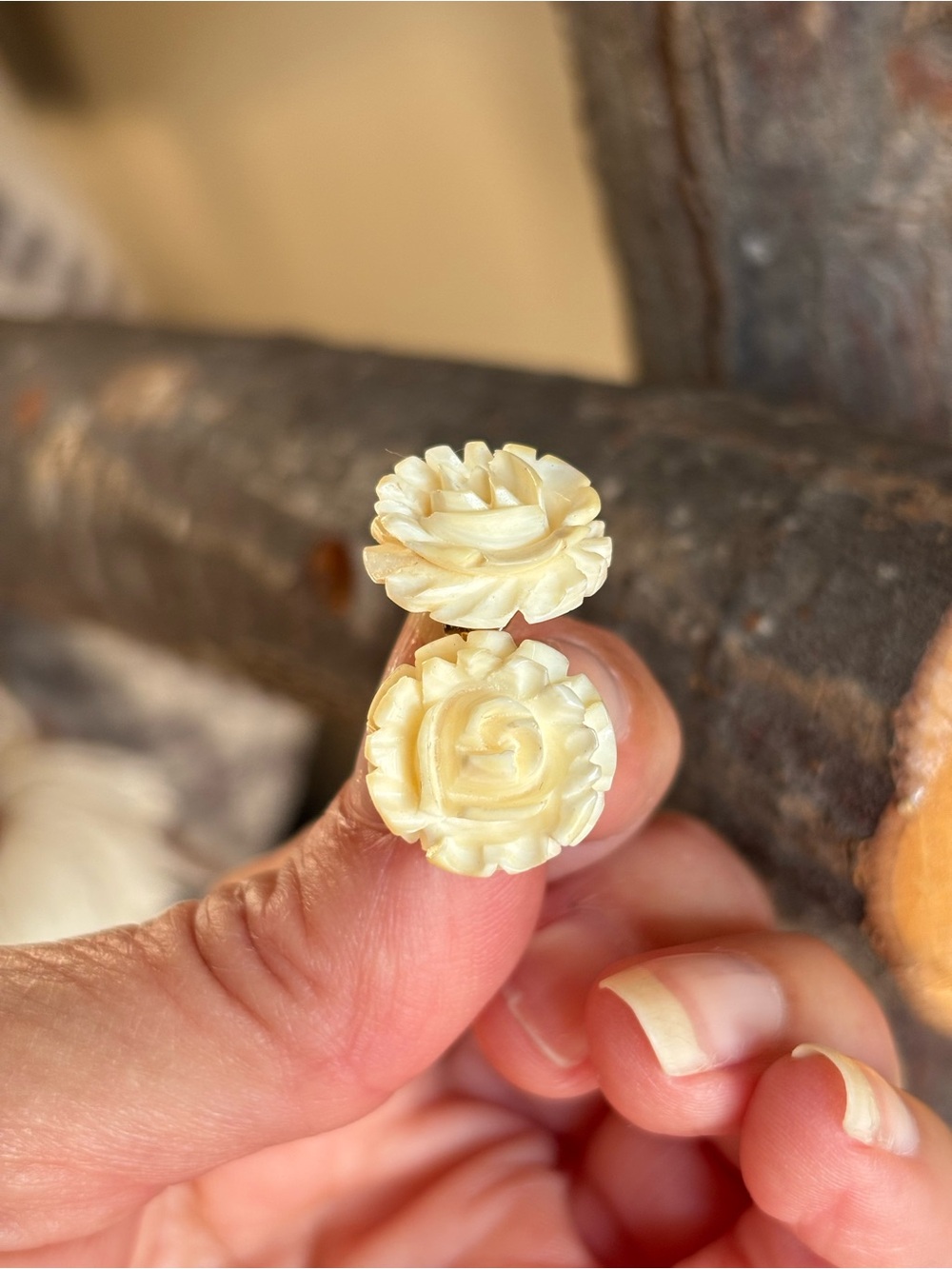 Vintage Floral Carved Ivory Stud Earrings Hawaii 1985